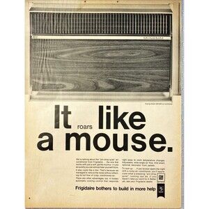 Frigidaire Air Conditioning "its roars like a mouse" Vintage Print Ad 1968